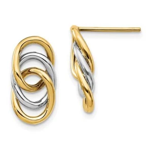 14K Solid Two Tone Gold Round Dangle Earrings - Picture 1 of 5