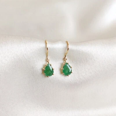 14k Yellow Gold Natural Emerald Women Dainty Dangle Drop Earrings Birthday Gift - Image 1 of 4