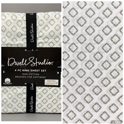 Dwell Studio KING 4-pc Cotton Sheet Set Extra Deep White & Sage Green Diamonds - Image 1 of 4