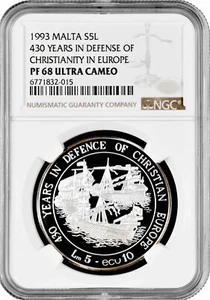 Malta 5 liri 1993, NGC PF68 UC, "430th Anniver. - Defence of Christian Europe" - Picture 1 of 2