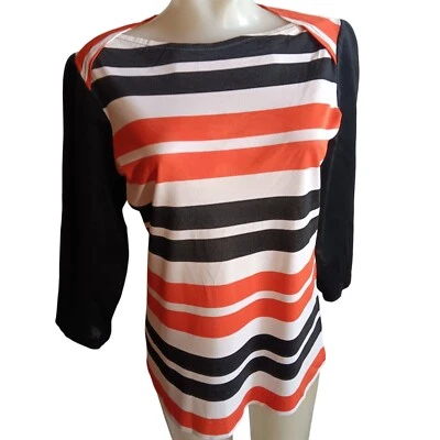 Medium Vintage 1970's Mod Blouse Striped Orange Black White Acetate T-shirt LS - Image 1 of 4