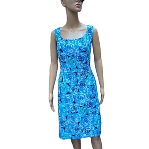 Luxe Dress 16W Floral Roses Tropical Hawaiian A-Line Sleeveless Square Neck Blue - Picture 1 of 14