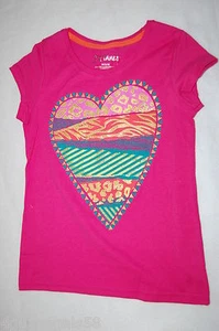 Girls S/S Tee Shirt PINK Animal Print HEART Turquoise Gold Glitter M 7-8 - Picture 1 of 1