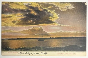 1908 Postcard Florida Sunset Near St. Petersburg Luminous Clouds Sailboat - Picture 1 of 2