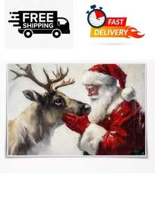 Vintage Christmas Wall Art Santa Pets Reindeer Canvas Prints Classic Santa Oil P - Picture 1 of 7