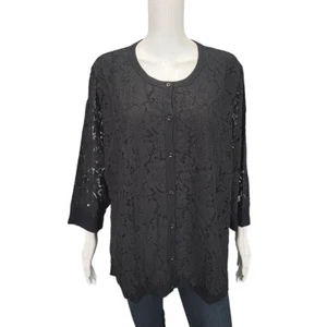 Isaac Mizrahi Live Lace Front 3/4 Sleeves Button Front Cardigan 3X Plus Sz Black - Picture 1 of 12