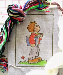 Vintage HAND PAINTED MESH CANVAS Needlework Kit School Boy - Yarn, Needle RARE - Picture 1 of 5