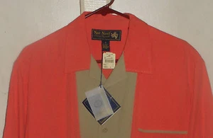 New NAT NAST Pink Khaki Metropolitan Camp Collar Pic Stitch HIPSTER 100% Silk M - Picture 1 of 2