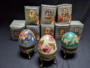 Lot of 8 Vintage Cloisonne Style Egg Trinket Boxes Enamel on Brass 1+ Pound Each - Picture 1 of 7