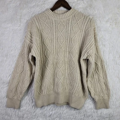 Vtg Structure Mens L Beige 100% Silk Cable Knit Sweater Fisherman 90s Grandpa - Image 1 of 4