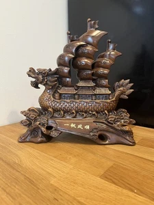 12" Chinese Wood Carved Dragon Boat Statue - Picture 1 of 8
