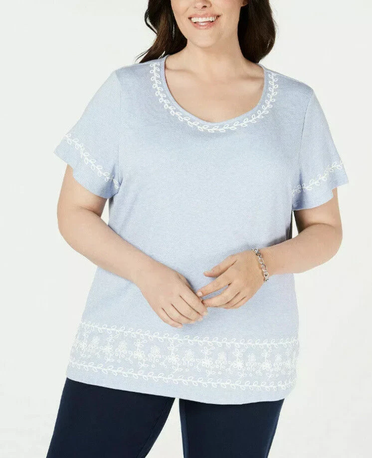 Karen Scott Womens Puff Striped Short Sleeve Top Blue Plus Size 1x