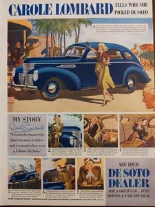 1938 vintage DeSoto automobile print ad, Hollywood Carole Lombard  - Picture 1 of 1