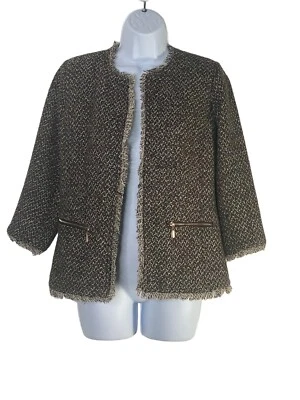 Chaqueta de lana Joan Rivers para mujer frente abierto manga 3/4 marrón y crema tweed talla 2 Foto 1 de 4