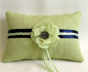 Lime Green, Navy Blue Wedding Ring Bearer Pillow with Chiffon Flower, Handmade