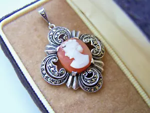 GORGEOUS VINTAGE OLD 925 SOLID STERLING SILVER CAMEO MARCASITE PENDANT NO CHAIN - Picture 1 of 5