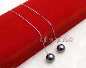 SALE Big 10mm Black Round Sea shell pearl and silver s925 Ear Line Earring-ea667 - Picture 1 of 17