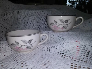 Set of 2 COFFEE/TEA CUPS 22K PLATINUM GRAY LEAF PINK FLOWERS CHINA - Picture 1 of 5