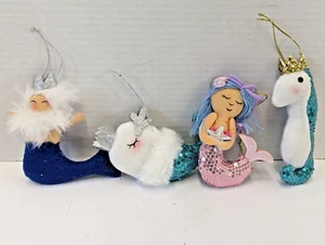 Holiday Time Set of 4 Mermaid Merman Seahorse Whale CHRISTMAS ORNAMENTS Sequins - Picture 1 of 4