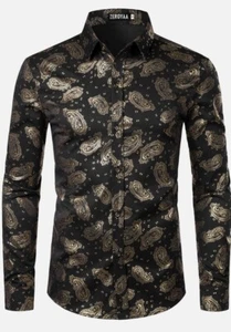 ZEROYAA Mens Extra Large Black Gold Paisley Print Button Down Slim Fit LS Dress - Picture 1 of 3