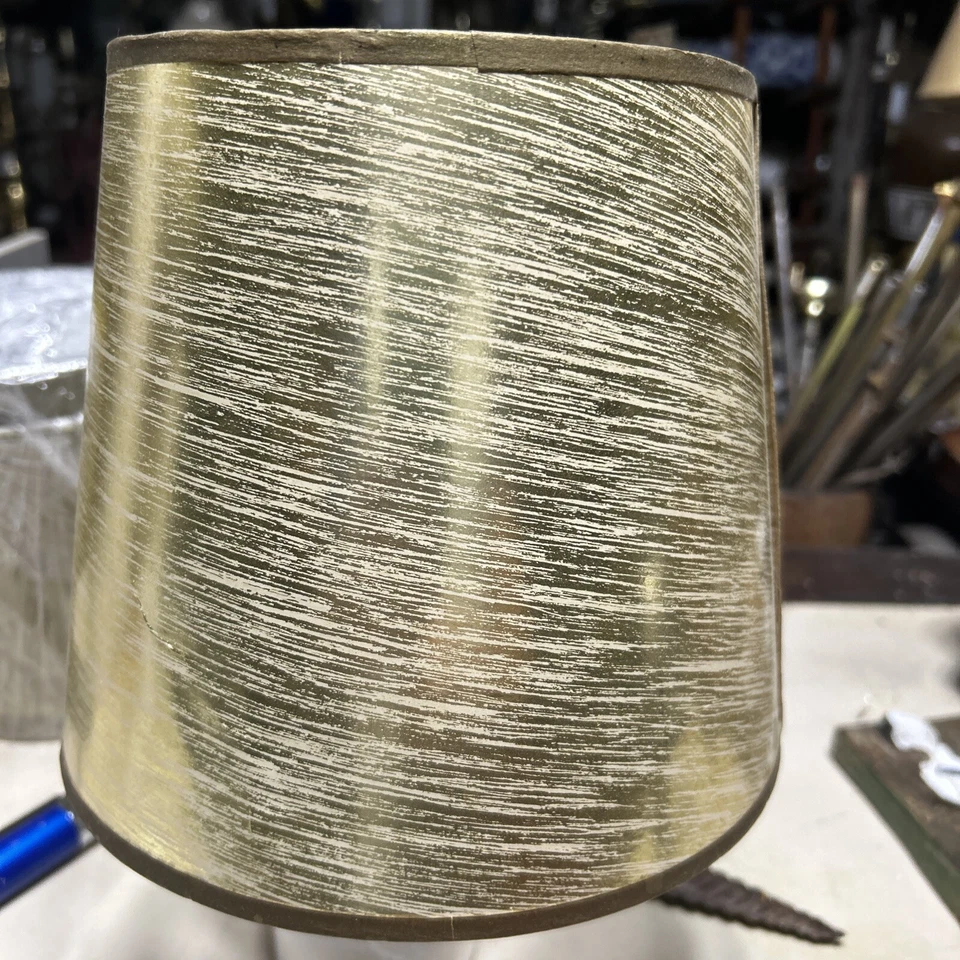 VTG MCM High Gloss Gold Wallpaper Drum Paper Lamp SHAPE 6x7x8 Attached Harp - Image 1 of 4