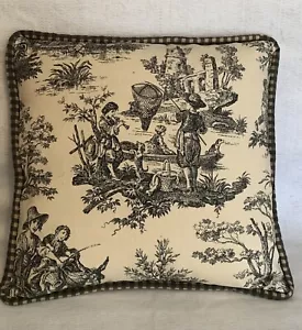 French Country Cottage Pillow Farm Fresh Black Ivory Toile Check 16x16 - Picture 1 of 4