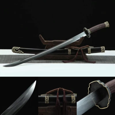 Damasco Acero Chino Dao Hecho a Mano Qing Dao Tema Negro Foto 1 de 4