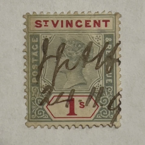 1899 ST. VINCENT 1 SHILLING STAMP #69 QUEEN VICTORIA, HAND WRITTEN CANCEL Cover