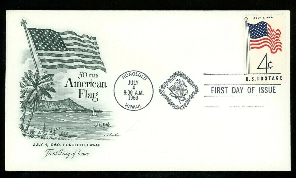 HAWAII 50TH STATE 50 STAR FLAG PATRIOTIC WAIKIKI BEACH  1960 ARTMASTER FDC UNADD - Image 1 of 1