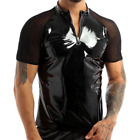 Men Shiny Short Sleeve Shirt Patent Leather Top Mesh Spliced T-shirt Tee Slim