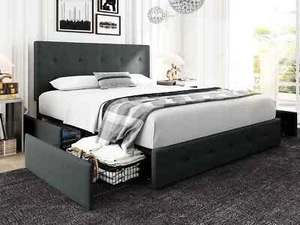 Einfach Queen Size Bed Frame with 4 Big Drawers, Adjustable Headboard - Picture 1 of 8