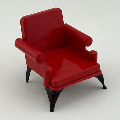 Vtg Ideal Dollhouse Furniture Plastic Club Arm Wing Chair Red Swirl Marble 2.5" - Image 1 of 4