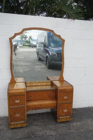 Art Deco Waterfall Vanity Makeup Table with Mirror Shell Bakelite Handles 3969 Cover