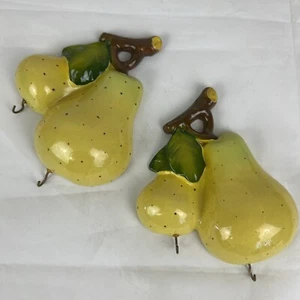 Set 2 Vintage Figural Ceramic Pear Embossed 3D Apron Dish Towel Kitchen Hook - Picture 1 of 7