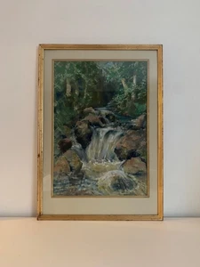 Original Impressionist Pastel Drawing / Painting of a Small River Waterfall in - Picture 1 of 7