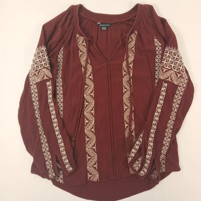 American Eagle Shirt Womens XS Burgundy Embroidered Boho Long Sleeve Peasant Top - Image 1 of 4