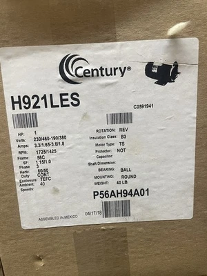 Century H921LES General Purpose 3 Phase New , 1HP 3Ph, 60-50Hz, 230/460V 1725RPM - Image 1 of 2