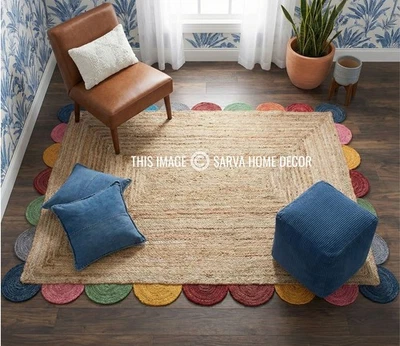Handmade Jute Area Rug with Multicolor Scallop Border, Natural Braided Carpet - Image 1 of 4
