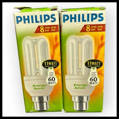 2 PACK OF PHILLIPS ENERGY SAVING BULBS B22 11W =60W LARGE BAYONET 600LUMEN NEW - Image 1 of 4