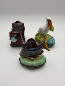 Vintage Limoges France pellicano, pesce tropicale e vecchia macchina fotografica soffietto scatola portagioie - Foto 1 di 23