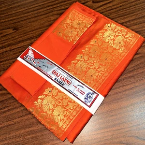 Indian Women's NEW Brocade Artificial/ART Silk Sari SAREES ORANGE w/Blouse Piece - Picture 1 of 9