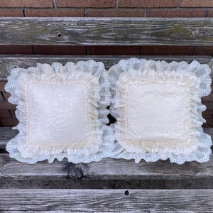 2 Vintage Ivory Lace Ruffle Throw Pillow 14”x14” Shabby Cottage Farmhouse  - Picture 1 of 7