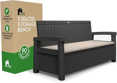 EconoHome 3 Seat Outdoor Storage Bench - 90 Gallon Capacity Black with grey seat - Image 1 of 4
