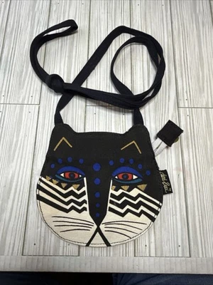 Laurel Burch Cat Batik SMALL CrossBody Purse Bag Tote Black White Blue 6"Tx6.5"W - Image 1 of 4