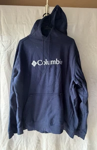 Felpa con cappuccio uomo Columbia blu navy logo ricamato taglia XXL tasca - Foto 1 di 7