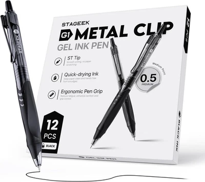 STAGEEK 12 Pack Black Gel Pens, Quick Dry Black Ink Pens, 0.5Mm Fine Point Retractable