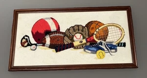 VTG HANDMADE CREWEL FRAMED SPORTS THEME BASEBALL FOOTBALL CHILDS' ROOM DECOR - Picture 1 of 11