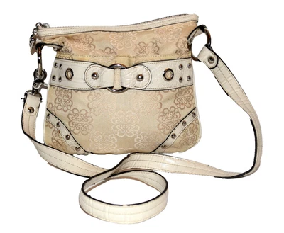 Bolso Bandolera Kathy Van Zeeland Beige Floral Lona Blanco Tachonado Imitación Cuero Foto 1 de 4