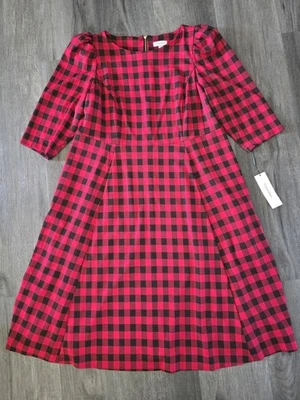 Calvin Klein Red Black Buffalo Plaid 16W Fit Flare Christmas Dress No Belt - Image 1 of 4