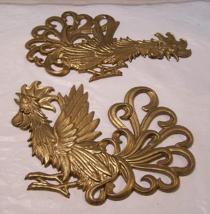 2 Large Vintage Cast Metal Fighting Rooster Wall Hanging -9" L, 6" & 7" tall - Picture 1 of 3